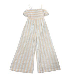 Peach White Striped Chambray Jumpsuit Wide Leg Romper Ruffle Top Sz S